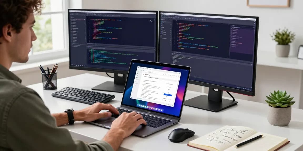 WPS Download digital workspace with engineer using WPS Office on laptop and code on monitor.
