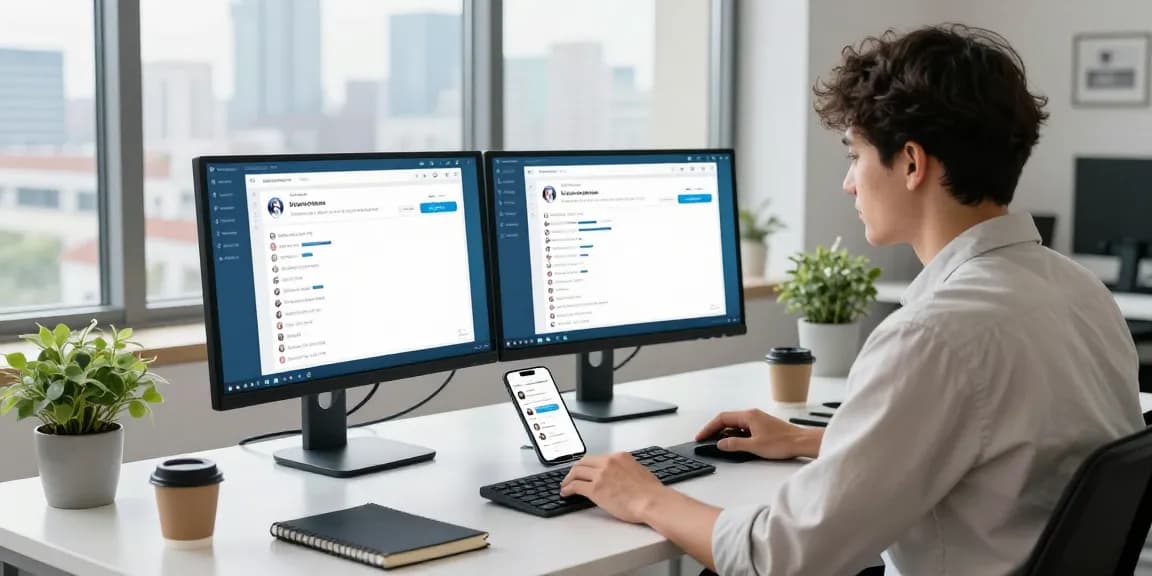 Engaged professional using Telegram Web Version on dual monitors in a modern workspace