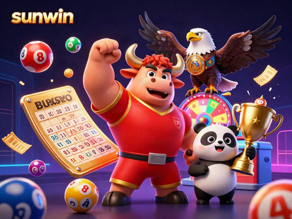 Experience winning with sunwin as a strong bull mascot celebrates victory with dynamic lottery elements.