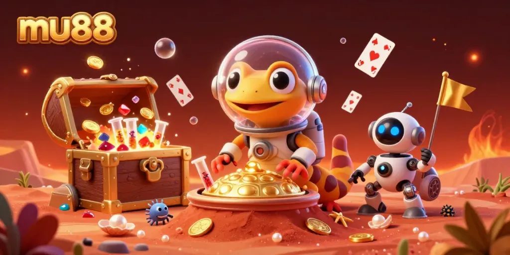 Experience excitement at mu88 with a Martian gecko discovering a golden casino in a colorful alien world.