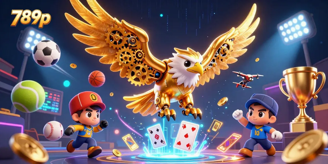 Experience the dynamic action of 789p with a cybernetic eagle and sports elements in a vibrant casino scene.