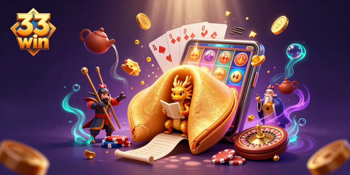 Engage with the captivating world of 33 win as a golden fortune cookie reveals winning fortunes amidst vibrant casino elements.