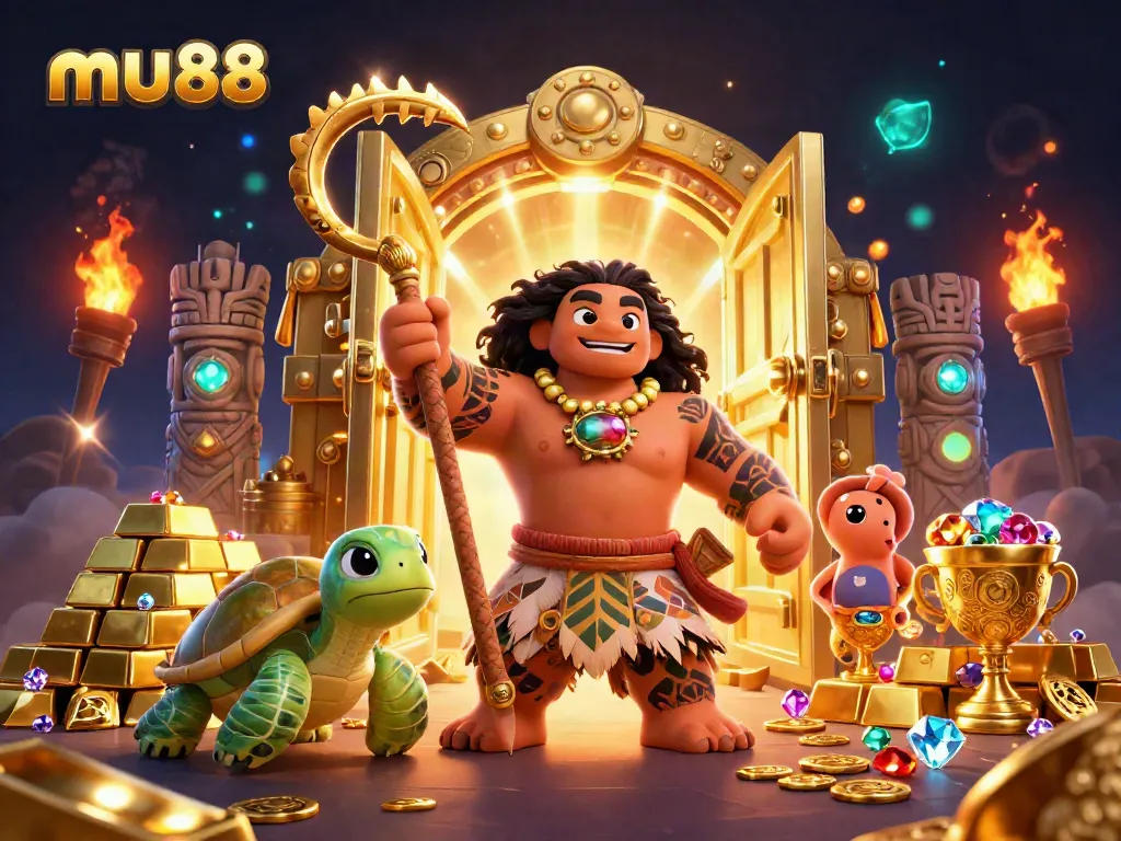 Experience thrilling gameplay at mu88 with a demigod and treasures illuminating the scene.