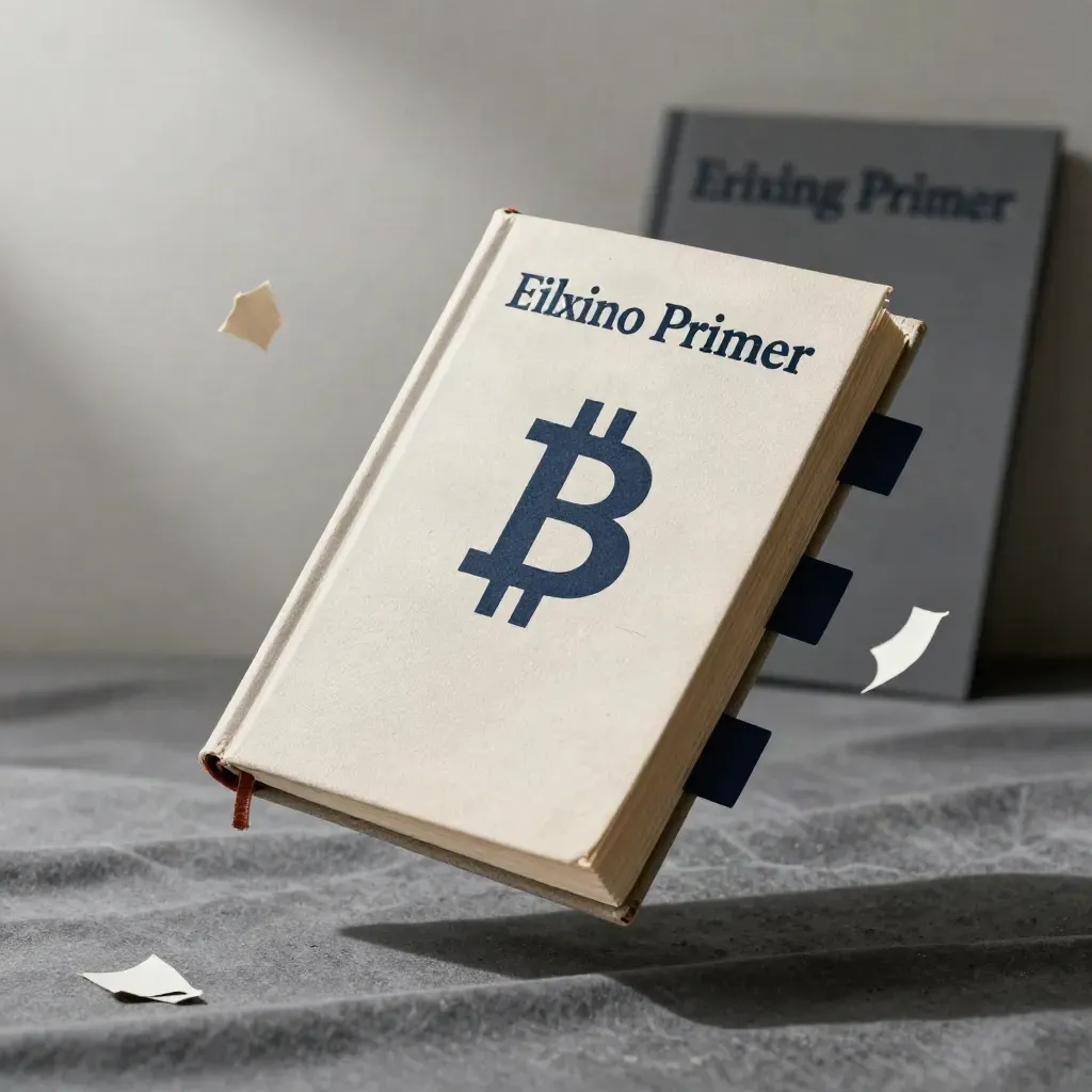 Smal bitcoinbok med linnerygg och tre flikar, svävande mot grafittyg med pappersfragment.
