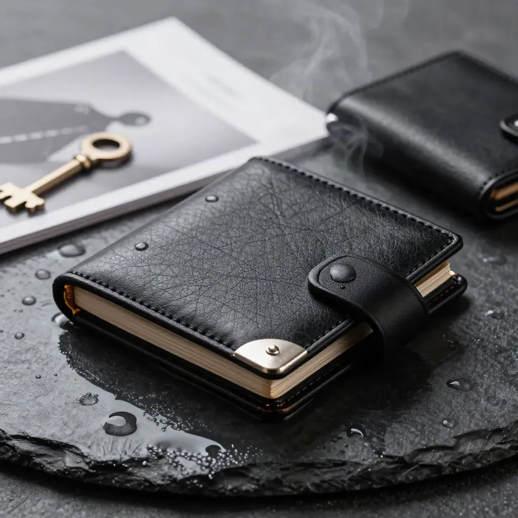 Svart läderguide för wallet på blöt sten med guldaccent och droppar.