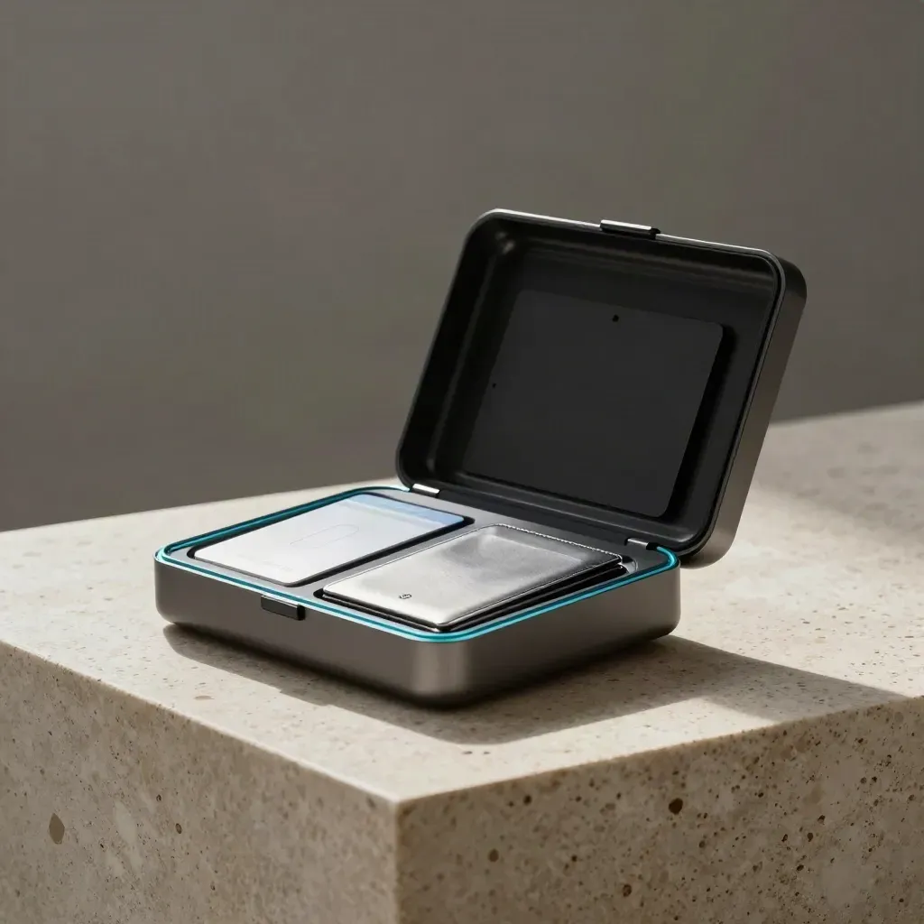 Öppen kryptobox med walletkort och säkerhetskort i cyanljus på ljus travertin.