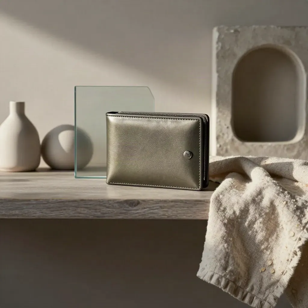 Skandinavisk interiör med askhylla, frostat glas, keramiska former och en diskret hårdvaruplånbok.