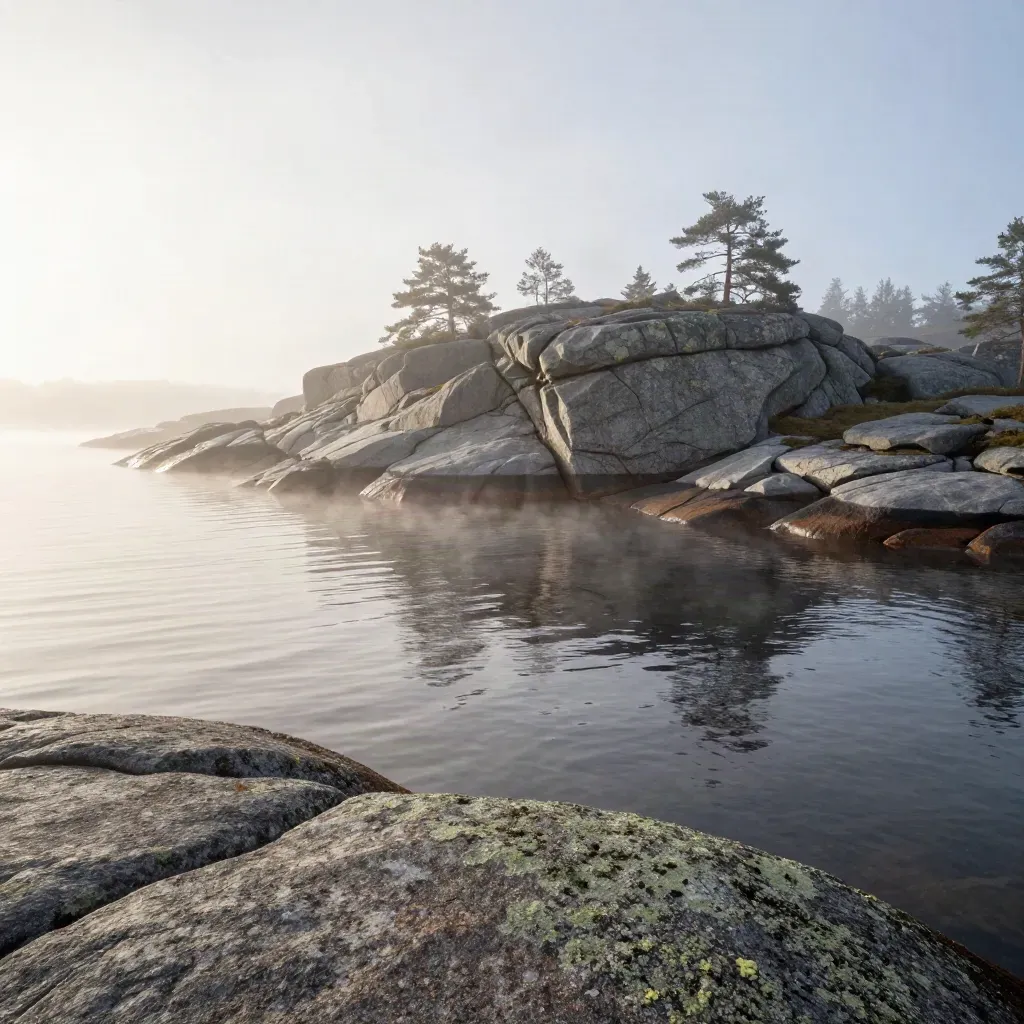 Mö dimmig skärgårdsklippa med lugnt vatten och ljus horisont när solen bryter igenom
