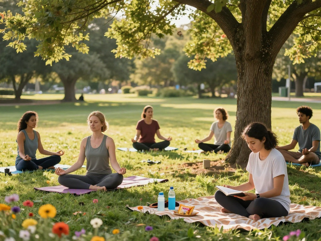 Group practicing mindfulness activities with ROKOK88 insights in a peaceful park.