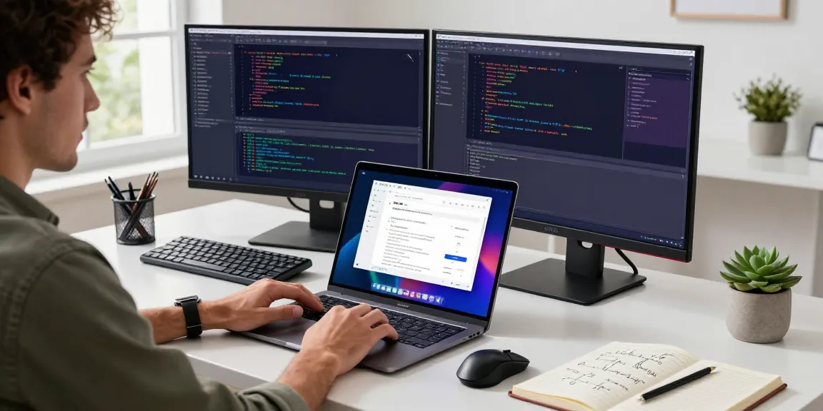 WPS Download digital workspace with engineer using WPS Office on laptop and code on monitor.