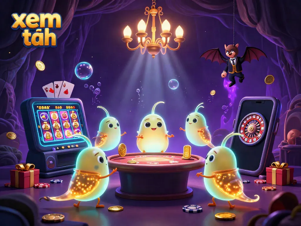 Experience the excitement of gambling with 'xem thêm' in this vibrant 3D casino scene featuring glowworms and a bat dealer.