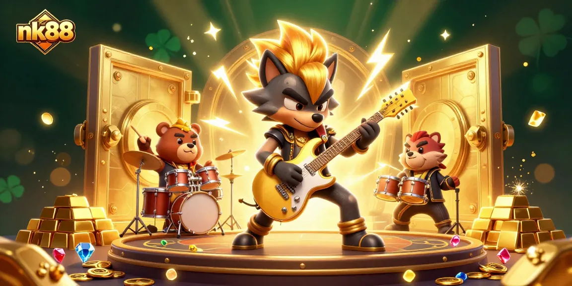 Experience exciting gameplay at nk88 with a vibrant 3D rock star casino illustration.