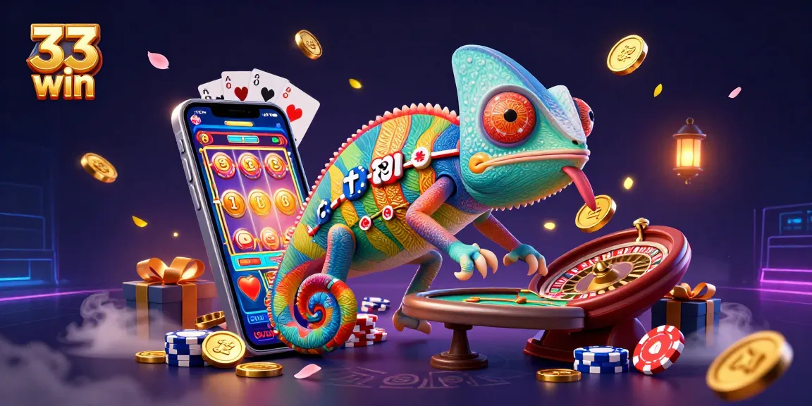 Engage with thrilling slots and casino fun in 33 win's vibrant 3D illustration of gaming excitement.