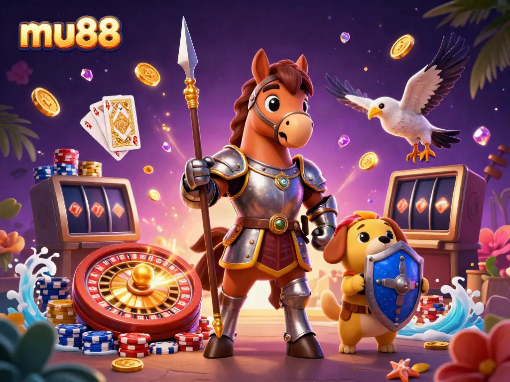 Experience the thrill of gambling with mu88, featuring a knight and a puppy amidst dazzling casino elements.