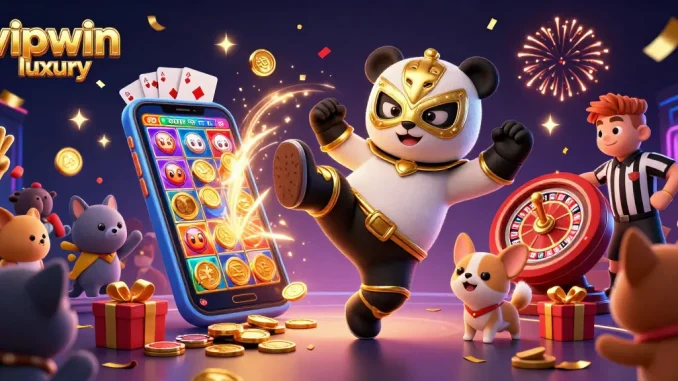 Experience the excitement of vipwin luxury with a vibrant casino scene featuring a kicking panda and cheering animal crowd.