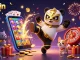 Experience the excitement of vipwin luxury with a vibrant casino scene featuring a kicking panda and cheering animal crowd.