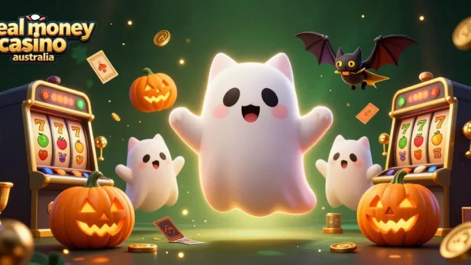Engage with real money casino Australia, as a ghost cat and bat explore a haunted slot-filled casino.