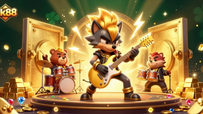 Experience exciting gameplay at nk88 with a vibrant 3D rock star casino illustration.
